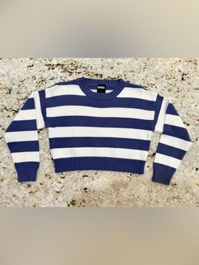 Katie J Blue and White Striped Cropped Sweater